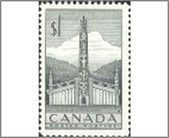 Mint Stamp Canada 1953 SC321 Pacific Coast Indian House and Totem Pole 1 $ - Canadian dollar Grey**STOCK IMAGE**