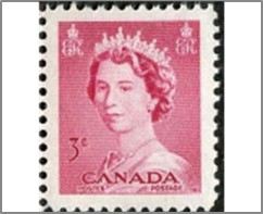 Mint Stamp Canada 1953 SC327 Queen Elizabeth II 3 ¢ - Canadian cent Carmine rose**STOCK IMAGE**