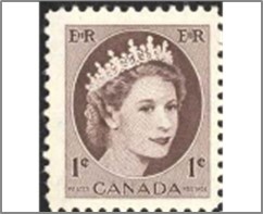 Mint Stamp Canada 1954 SC337 Queen Elizabeth II 1 ¢ - Canadian cent Violet brown**STOCK IMAGE**