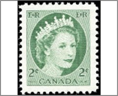 Mint Stamp Canada 1954 SC338 Queen Elizabeth II 2 ¢ - Canadian cent Green**STOCK IMAGE**
