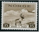 Mint Stamp Norway 1939 NK220x(SC) Reindeer (Rangifer tarandus) 15 Øre Black grey brown, thick yellow paper**STOCK IMAGE**