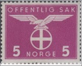 Mint Stamp Norway NKT48(SCNO O44) Bird- National party 5 Norwegian øre Lilac**STOCK IMAGE**