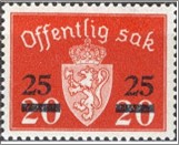 Used Stamp Norway 1949 NKT67(SCNO O57) Overprint 25 on 20 Norwegian øre Carmine red**STOCK IMAGE**