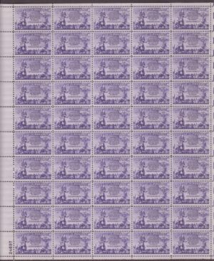 Mint Sheet USA 1952 SC1015SH Newspaper Boy, Torch and Group of Homes Violet 3 Cent 1952 Full Sheet**STOCK IMAGE**